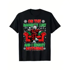 Men's Horror Christmas T-Shirt - Funny Naughty List Saying with Red Armchair Design - Thanksgiving Xmas Party Outfit - Adult Funny Graphic Tee Gift for Men Women (XXXL) - Black Shirt with Green & Red Text - Machine Washab