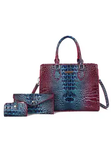 3pcs Gradient Crocodile Embossed Handbag Set for Women, Blue Red Tote Bag + Crossbody Purse + Card Holder, Glossy Top-Handle Satchel for Work & Daily