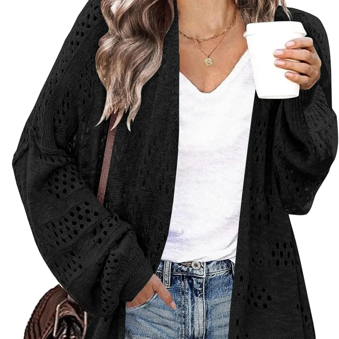 IN'VOLAND Womens Plus Size Crochet Cardigan Kimonos Boho Long Sleeve Oversized Summer Open Front Knitted Sweater Beach Casual Fabric Knitwear