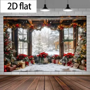 1pc Cozy Christmas Snow Winter Room Decoration, Holiday String Lights and Bows, Wooden Ceiling and Tree Ornaments, Red Poinsettias and Gift Arrangements, Indoor Sunroom/Greenhouse Christmas Decorations