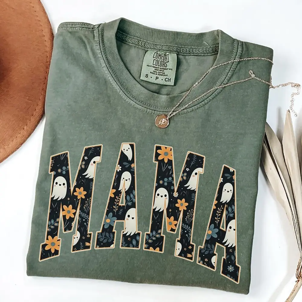 Halloween Mama Comfort Color Shirt, Mom Halloween Shirt, Spooky Mama Shirt, Halloween Party Top, Cute Ghost Graphic Tee, Floral Ghost Shirt