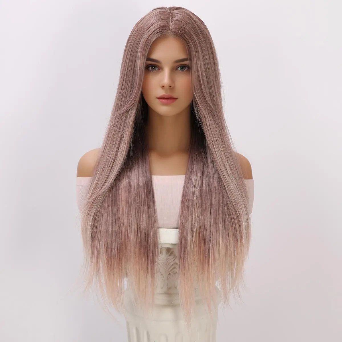 Smilco/26 Inch Futura Purple Brown Ombre Straight Wig – 0.5*6CM  Small Lace Front Synthetic Wig/SM002