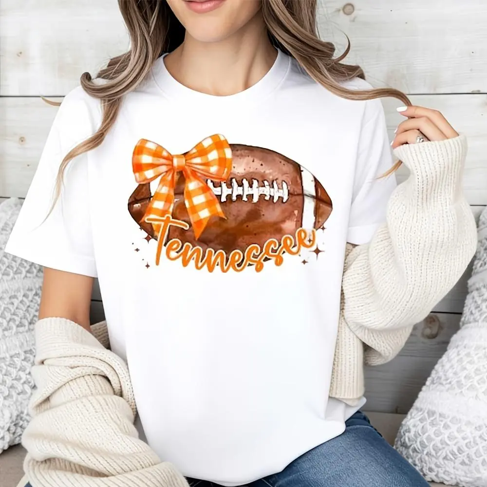 Football With Orange Plaid Bow And Tennessee Text, T-Shirt, Fall Game Day Spirit Wear, Casual Sports Fan Outfit