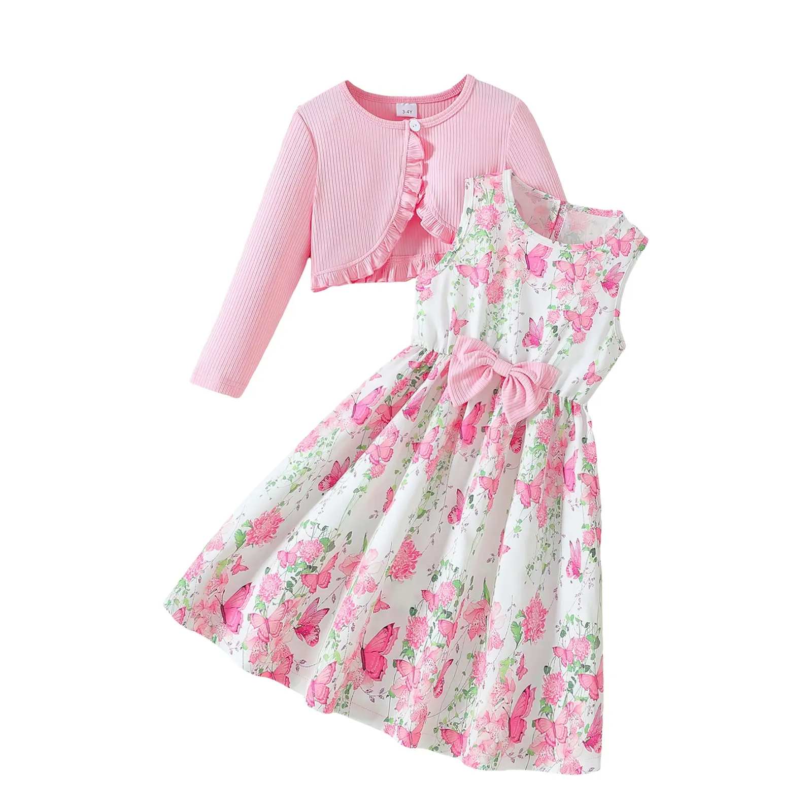 CPZVUCAK Toddler Girl Dress Set Floral Butterfly Print Sleeveless Round Neck A Line Dresses and Long Sleeve Ruffle Cardigan 2 Piece Fall Outfits