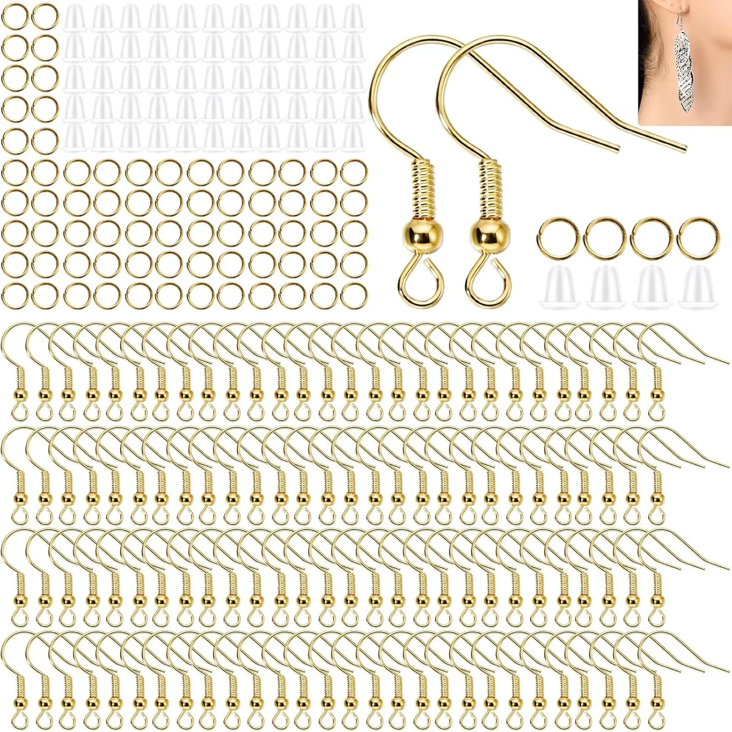 Hypoallergenic Earring Hooks, Ear Wires Fish Hooks, 600 Pcs Gold Earing Making Supplies Kit with Earring Backs