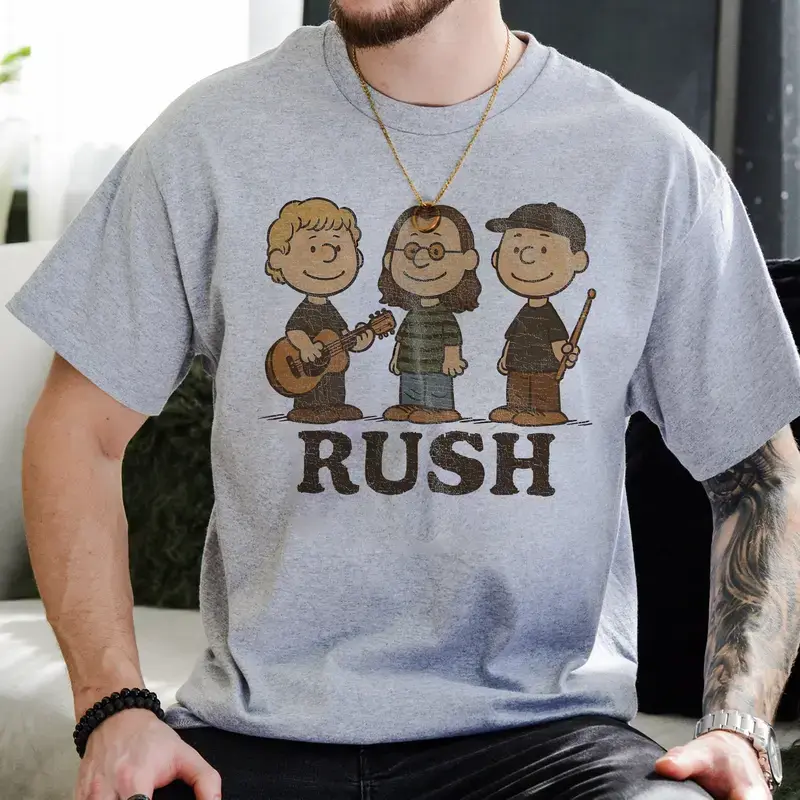 Rush Band Cartoon Vintage T-Shirt – Retro Rock Band Music Fan Tee, Charlie Brown Style Rock Concert Merch,  Fashion Cotton, Full Colors, Full Sizes, For Men, For Women.