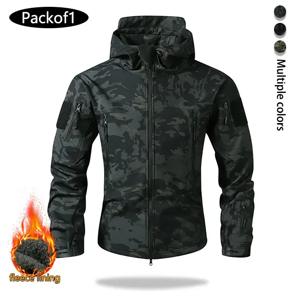 Men’s tactical hooded softshell jacket with warm fleece lining, camouflage design, windproof and water-resistant, multi-pocket outerwear for outdoor training and hunting