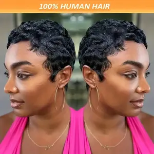 New Fashion Mother's Day Wig LUXURIOUS HAIR 150% Density Human Hair Pixie Wig, 4 Inch Straight Virgin Black, Natural Rose Cap, No Lace, Easy Wear, Unisex, All Ethnicities