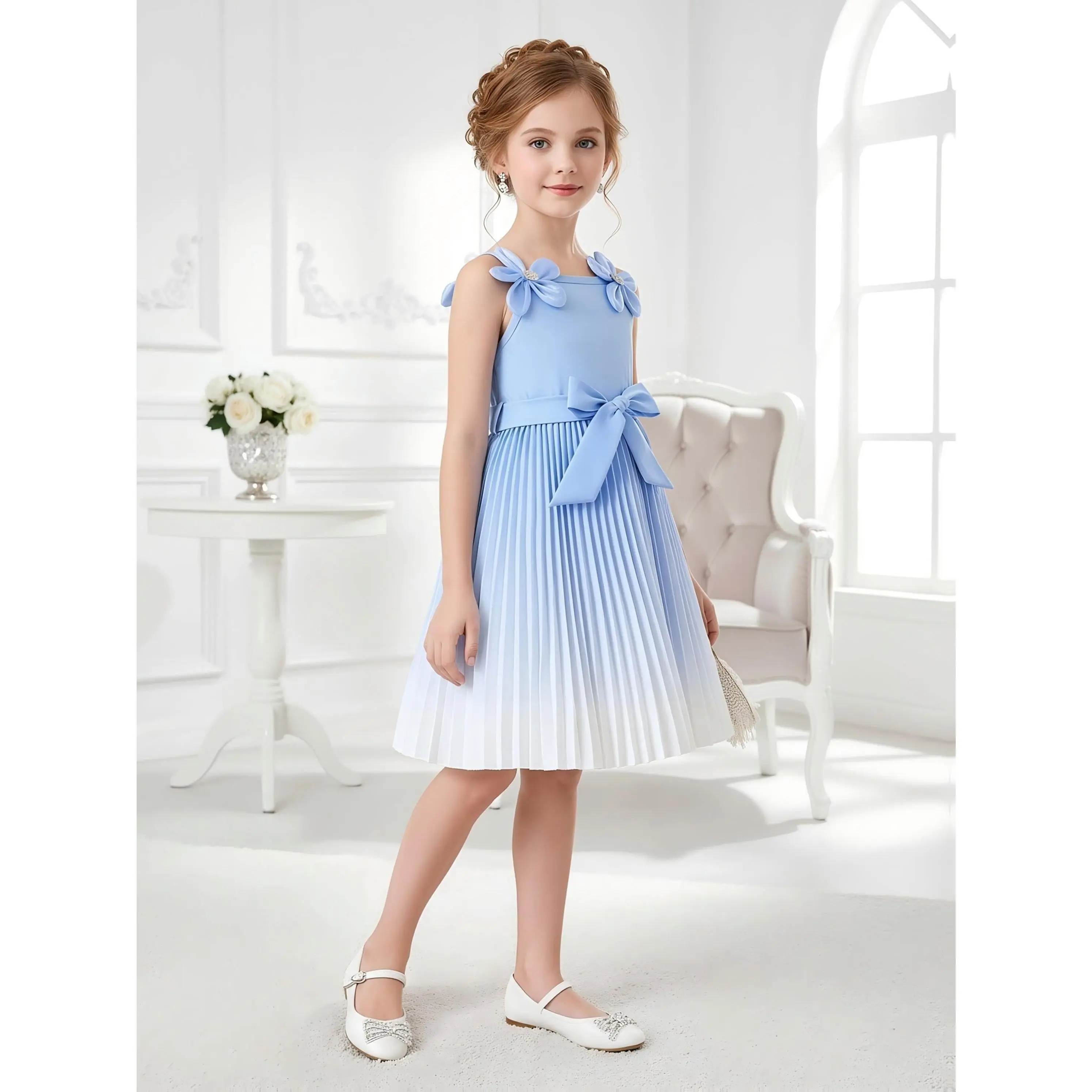 New2026 New Summer Collection Sweet and Stylish Princess Dress for Girls Aged 4-7 Light Blue 3D Floral Spaghetti Strap Gradient Pleated Skirt Birthday Party Dress Knee High Polyester Elastane Ombre Belted