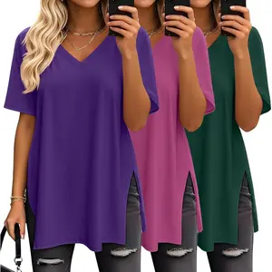 Pack Oversized Shirts for Women V Neck Workout T Shirt Casual Side Split Tee Short Sleeve Loose Tops Tunic Tops