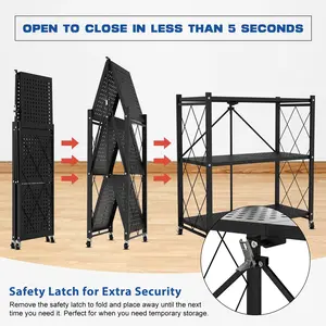 3-Tier Folding Shelves with Locking Wheels, Foldable Shelf Storage Cart - Heavy Duty 550 lbs, No Assembly Metal Wire Organizer Rack for Kitchen Pantry, Garage, Office (Black)