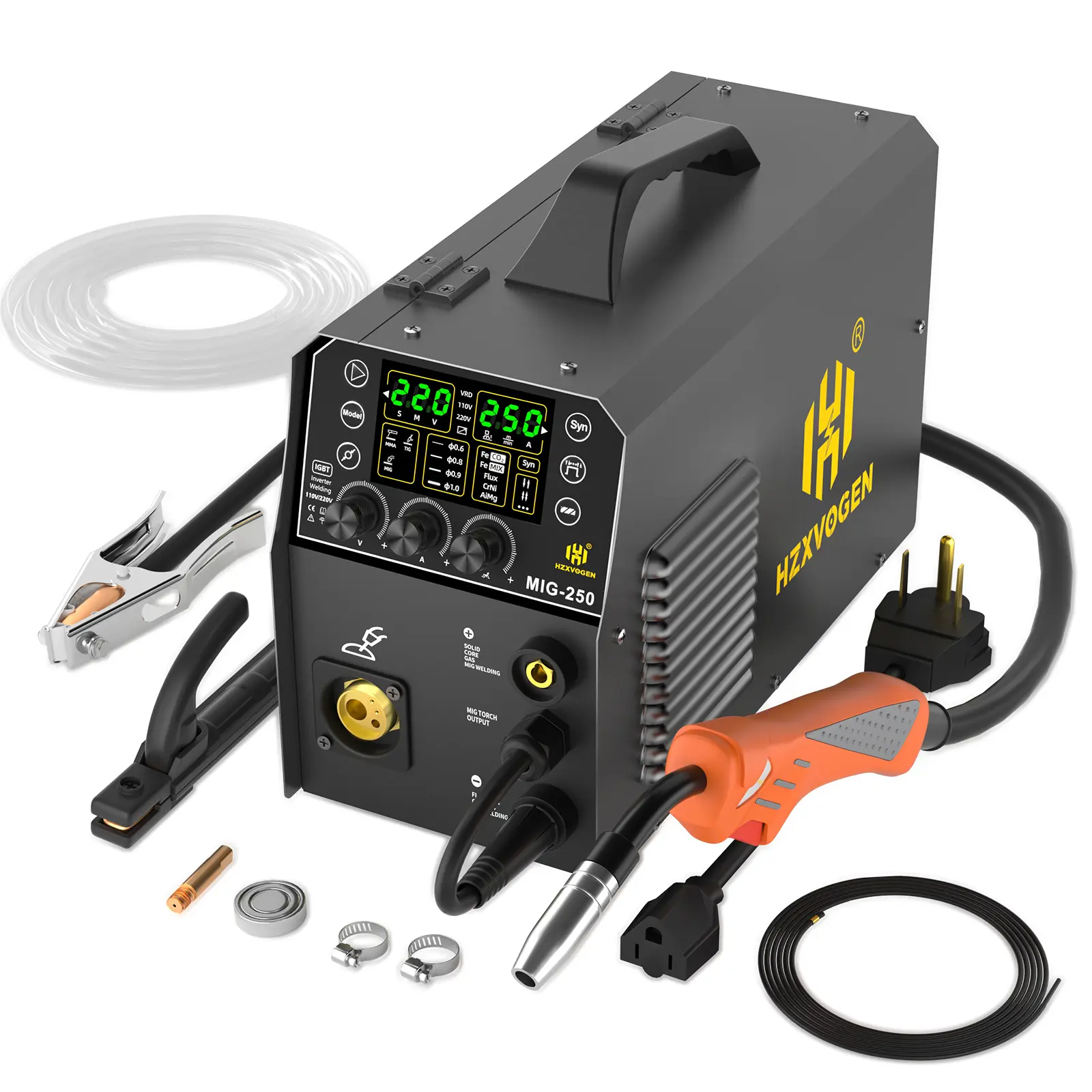 HZXVOGEN MIG250 5 in 1 Aluminum Welder, 250A MIG Welder Gas, Flux Core MIG, Stick, Lift TIG, Pulse, Spot 110V 220V Professional Multi Process Welder Synergic Control with Large LED Display
