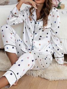 women's satin button front heart print pyjama set, casual elegant comfortable pocket lapel shirt & pants set for women, sleepwear for spring & fall