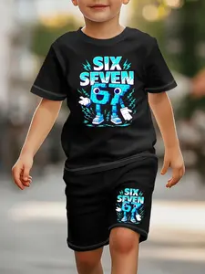 Cute Cartoon Set for Kids, Six Seven Digital Design, Casual Fitted, Perfect for Outdoor Wear, All Seasons, Shorts
