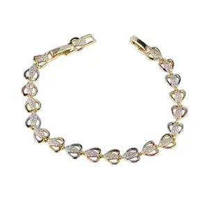 Name 3 Tone Heart Link Bracelet Gold Plated 7 inch + Extension 7.5 inch Elegant with Rhinestones and Secure Lobster Clasp