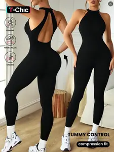Women's Casual Long Sleeve Jumpsuit, Above the Ankle Knit Yoga Romper, Fashionable Sportswear for Daily Wear, Home & Commute, Yoga Jumpsuits, Tight Fitting Jumpsuit, Yoga Workout Jumpsuits, Stretch Jumpsuit