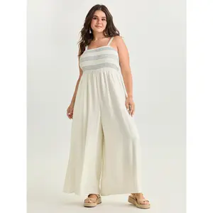BLOOMCHIC Plus Size Shirred Sleeveless Wide Leg Jumpsuit [M-6X]2026 Summer Vibes Swimweek, Women, Overalls