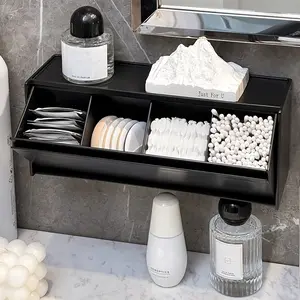 Makeup Cotton Storage Box, Makeup Removal Cotton Holder, Q-Tip Organizer, Grid Divider, Flip-Top No Drilling Small Item Organizer, Bathroom Pad Storage