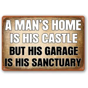 Man Cave Decor Funny Garage Signs Wall Decor For Men, Little Vintage Personalized Metal Tin Sign Football Bar Accessories, A Man's Home Is His Castle But His Garage Is His Sanctuary Sign