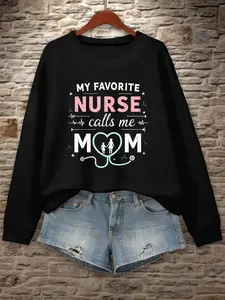 My Favorite Nurse Calls Me Mom Women's Long Sleeve Sweatshirt - Black Casual Knit Top with Heart & Stethoscope Design, Perfect for FallWinter Gifts