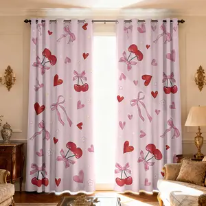 -piece curtains French sweet girl style curtains cherry love bow split perforated curtains, suitable for machine washable decorative curtains in living room, bedroom, kitchen outdoor, etc.