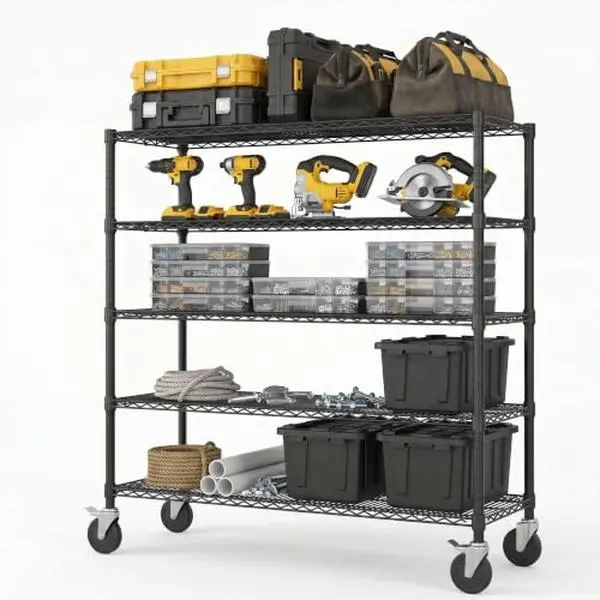 Gaomon Heavy Duty 5-Tier Metal Rolling Shelf with Rubber Feet, 3200LBS Capacity, 70.8"H Adjustable Wire Rack, 25mm Steel Tubes, 17.7"D×47.2"W, for Garage, Kitchen