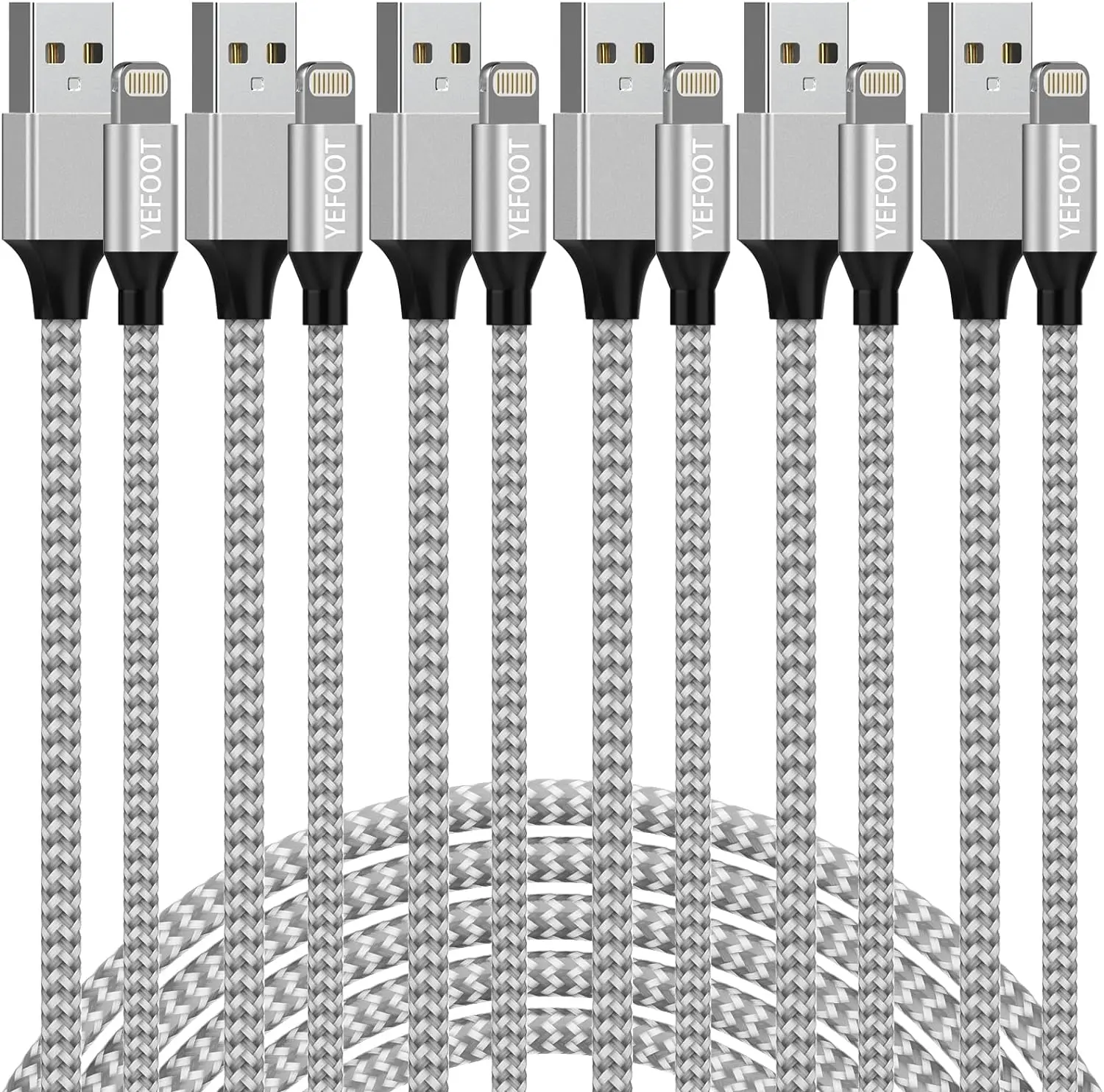 [Apple MFi Certified] 6Pack[3/3/6/6/6/10ft] iPhone Charger Lightning Cable Compatible iPhone 14ProMax/14Pro/14/14Plus/13Pro/13/12Pro/12/11 and More-Silver&White Charging Connector