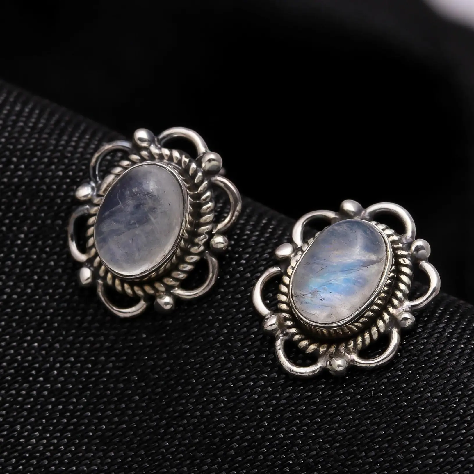 925 Sterling Silver Moonstone Vintage Boho Stud Earrings
