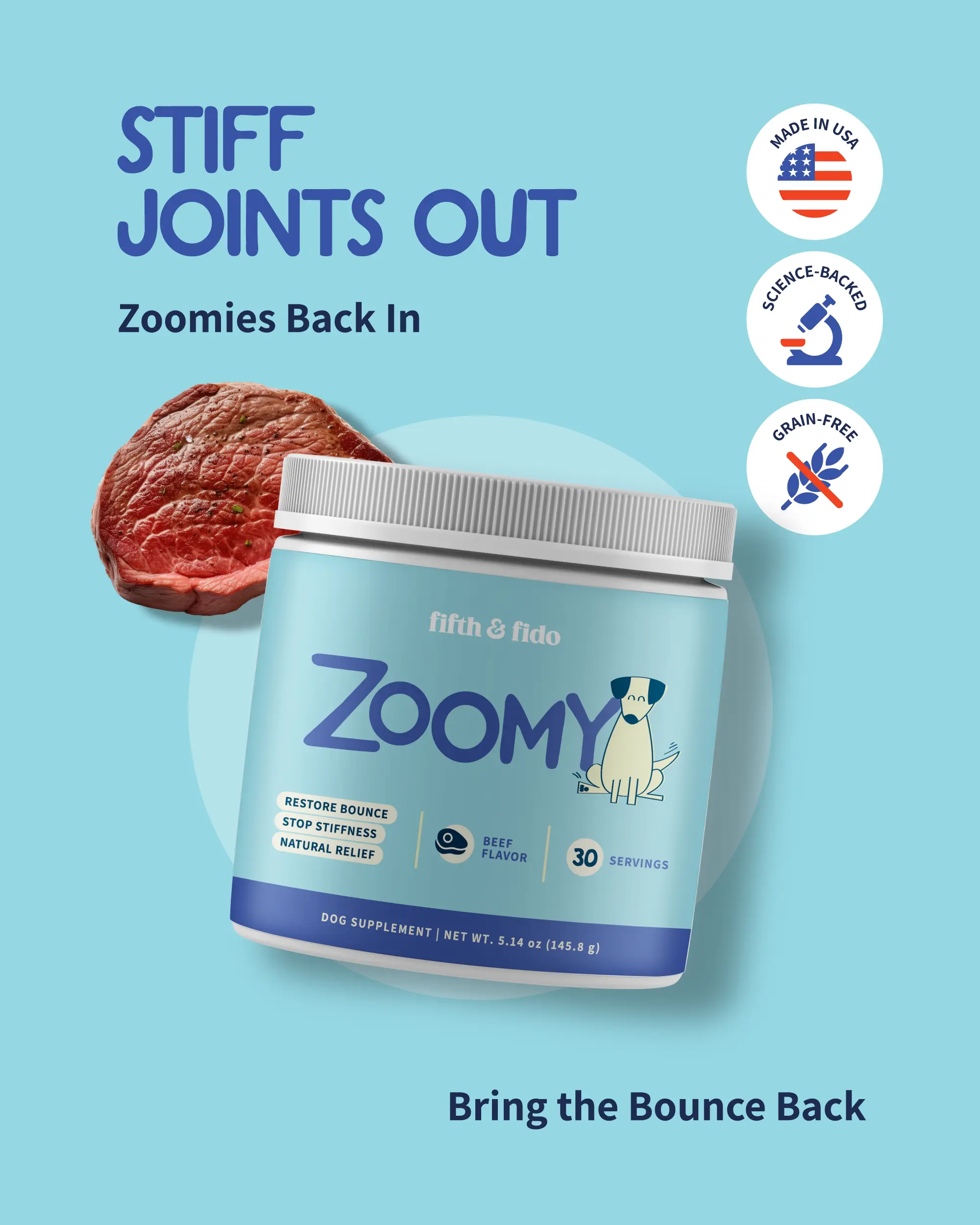 Fifth & Fido Zoomy Dog Joint Supplement for Senior Dogs - Mushroom Powered Hip Joint Support - Natural Mobility Powder - 30 Servings - Beef Flavor - 5