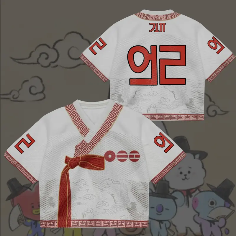 Kpop Hanbok Style Croptop V-Neck Jersey | Custom 07 Fandom Crop Jersey | Traditional Korean Crane & Clouds Hanbok Style Fan Shirt | Vintage Aesthetic Concert Tour Outfit 2026 Mesh Top Women