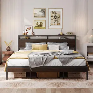 LIKIMIO California King Bed Frame with Headboard, Dark Wood Camas California King with Strong Supports, Sturdy, Noise-Free