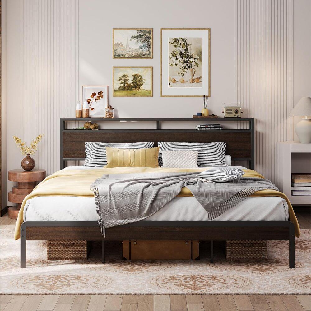 LIKIMIO California King Bed Frame with Headboard, Dark Wood Camas California King with Strong Supports, Sturdy, Noise-Free