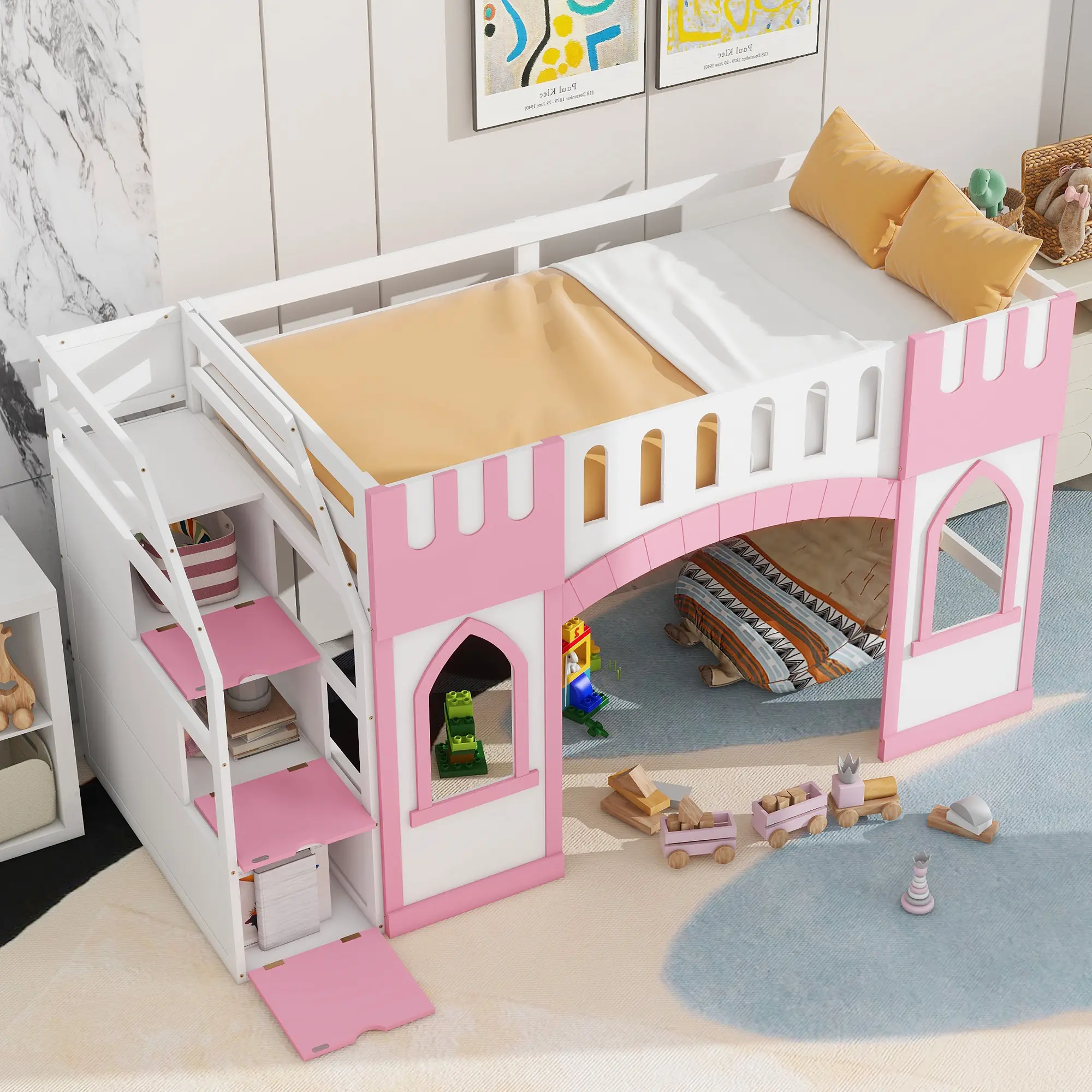 Twin Size Kids Loft Bed with Storage Staircase and Window, Wooden Low Loft Bed Frame Twin Playhouse Bed with Storage for Boys, Girls, No Box Spring Needed
