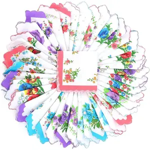 40Pcs Vintage Handkerchief for Women with Floral Print - 11.4" Cotton Handkerchiefs Ladies Tea Party Hanky with Wavy Edge, Pocket Square Towel for Gifting, Weddings, Home Decor Party