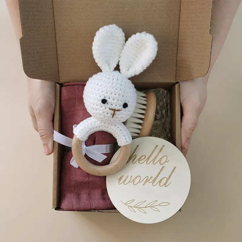100% Handmade Crochet Bunny Unisex Newborn Baby Gift Set - Beechwood Mini Card, 60x60cm Bath Towel, Natural Fibers Safe Toys, Rattle, Toothbrush, Bell for Baby Showers, Animals, Cute, Bamboo Fiber, No, Cute Rabbit, All Seasons, Bunny Rattle, 100% Handmade