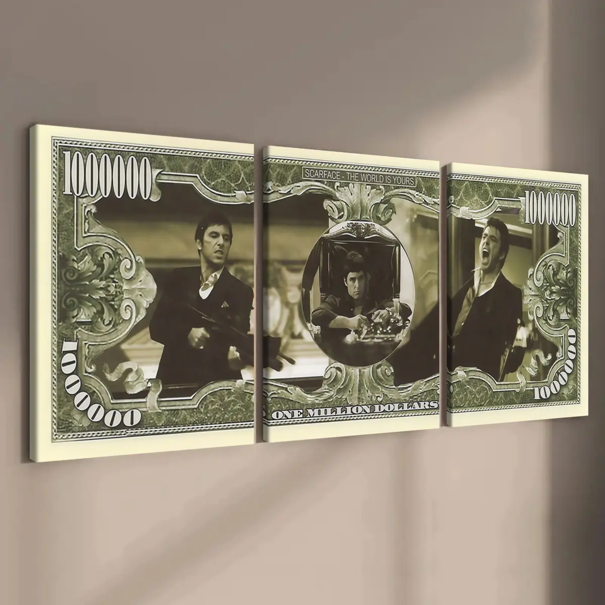 3 Count wooden frame canvas, Gangster Legend Money Pattern poster Print, Vintage Dollar Pattern, Vintage Money Art Decoration, Mural, Decoration Items, Modern Home & Living Room Wall Decoration, HD, waterproof, Art Work For Wall Decor