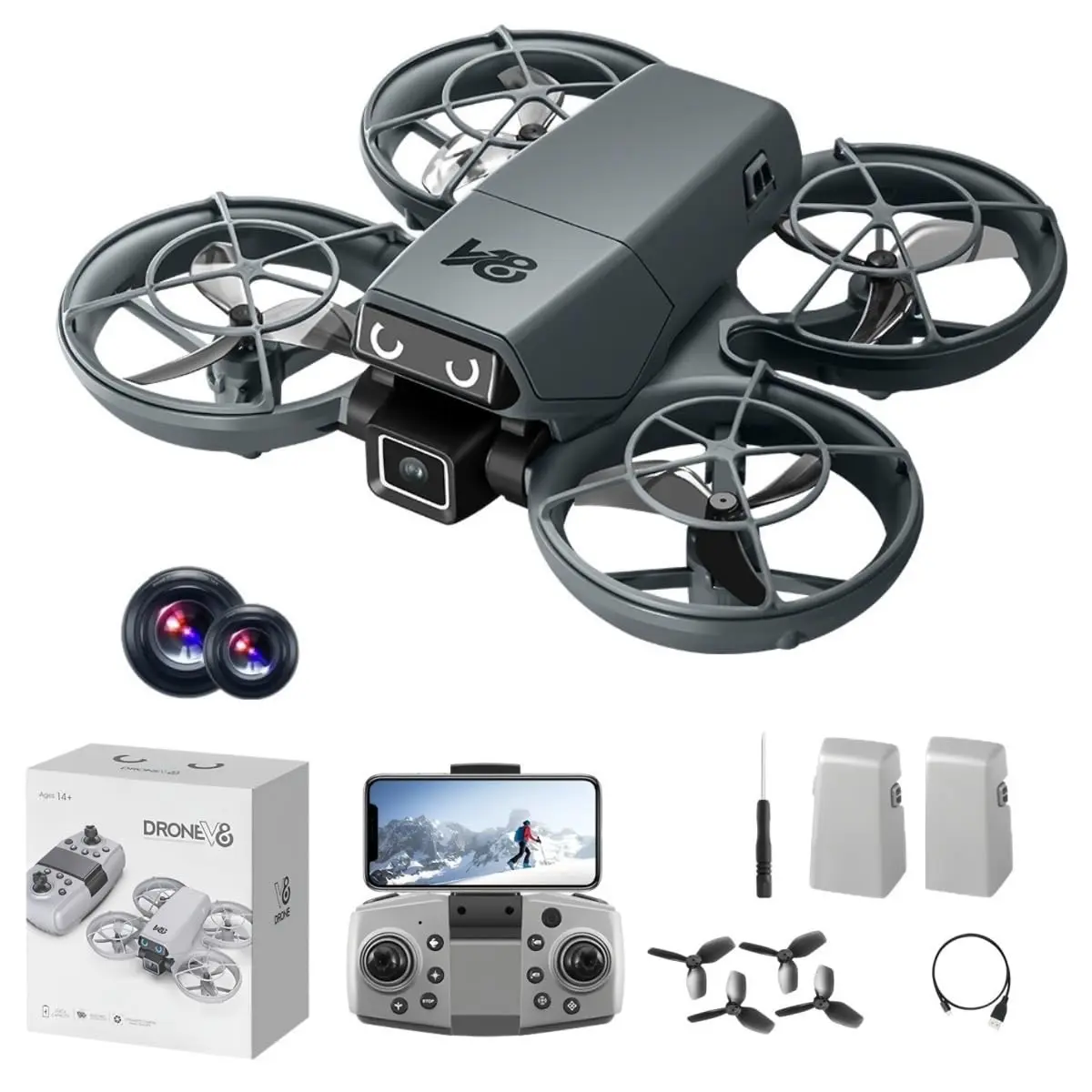 Mini RC Quadcopter Drone with Camera, Full Propeller Guards, 90° Adjustable Lens, Optical Flow, Obstacle Avoidance, Altitude Hold, 360° Flip, 1-Key Takeoff, Headless Mode, LED Lights, 2 Batteries for Indoor Drones Beginners and Adults, Accessories, Cable