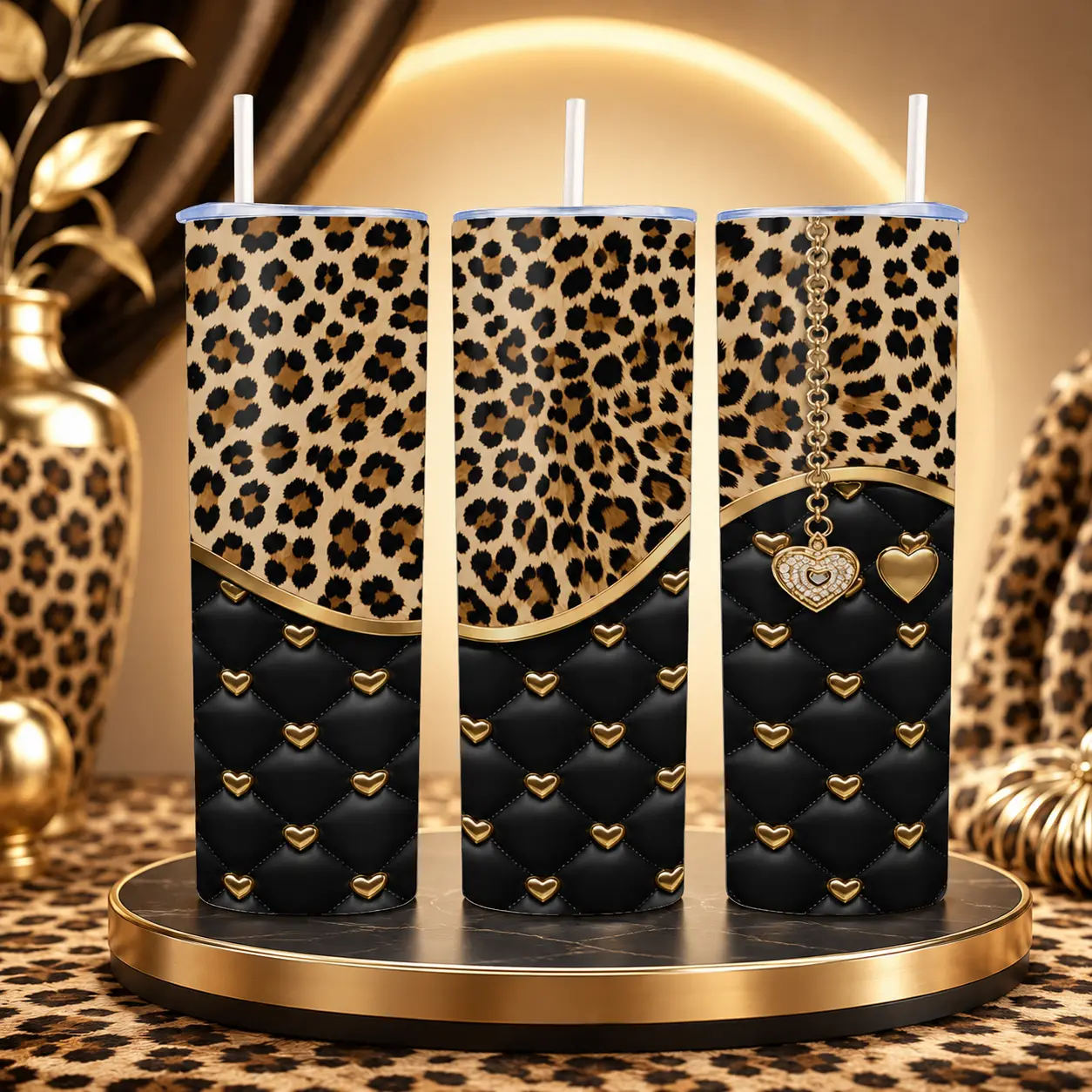 Leopard Print Bold Pattern 20oz Slim Shape Insulated Spill-Proof Lid Stainless Steel Skinny Tumbler, Portable Coffee Travel Cup for Everyday Use Kitchenware Drinkware, Flask Bottle