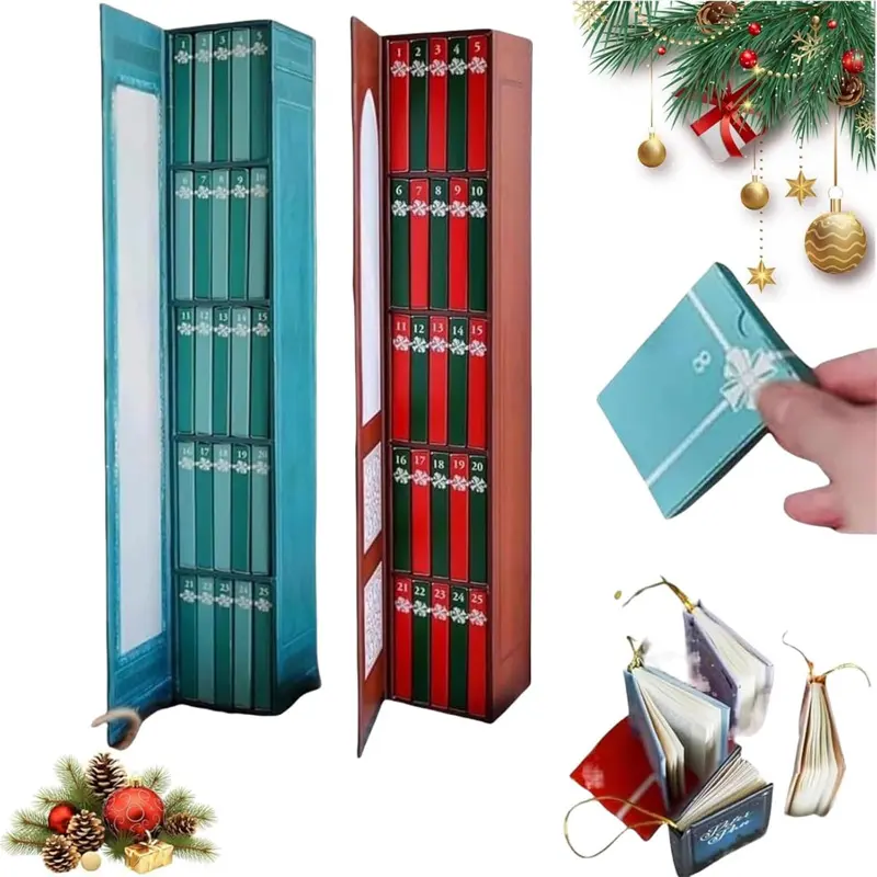 Mini Christmas Advent Calendar Book, Striped Design with Decorations, 24 Days Holiday Fun, No Power Needed