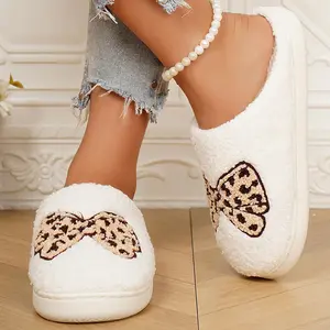 Cute Bow Pattern Fluffy Slippers for Women Warm Comfortable House Indoor Outdoor Shoes