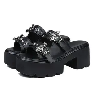 Wedge Y2K Gothic Sandals Platform Chunky Heel Slippers with Open Toe for Summer Studded Double Ankle Strap Platform Sandals Women Fashion Goth Black Shoes Slip On Metal Bat Decoration Outdoor Slippers Durable Sole Construction Girl Footwear SpringStatemen