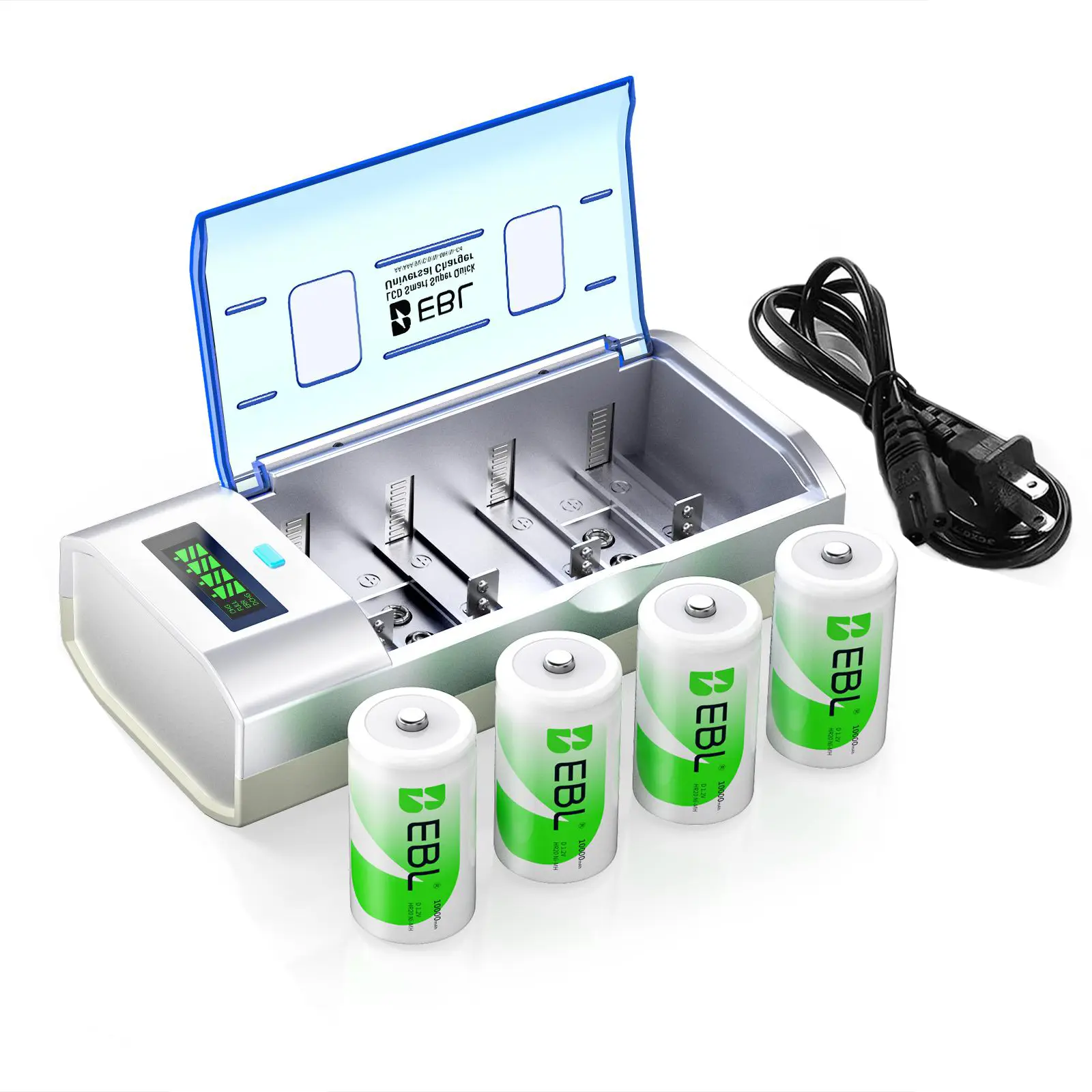 LCD Display Multi-Cell Charger From EBL Model 906, Full Set Equipped With Rechargeable C And D Batteries For Multi-Purpose Household Equipment