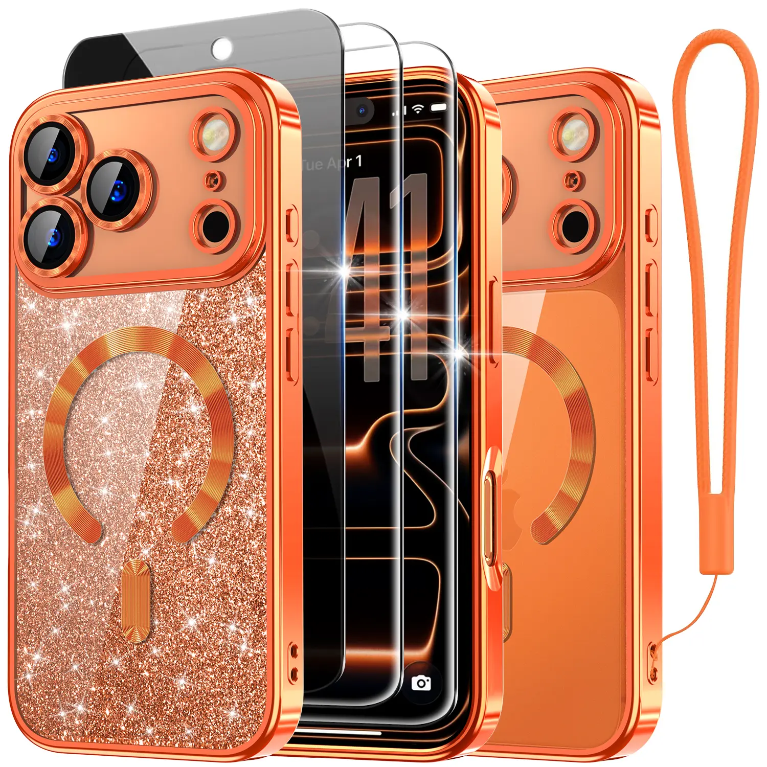 Designed for iPhone 17 Pro Max Case 6.9", [Glitter Card & Wrist Strap] [Compatible with MagSafe] [2X HD Screen Protectors & 1X Privacy Screen Protector] Surround Raised Lens Protection for 17 ProMax Case, Cosmic Orange