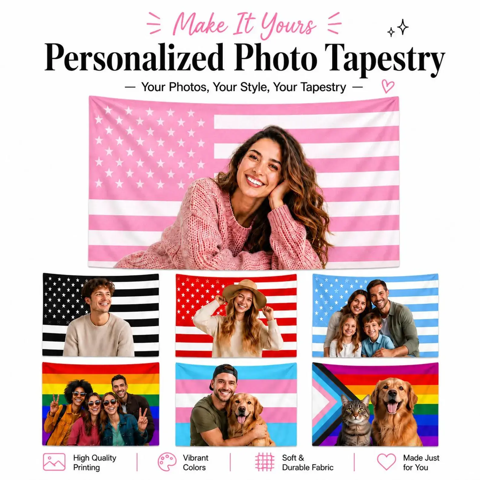 Custom Polyester Photo Print Flag - Rectangular 40x60in, Pink or Blue, Personalized with Your Image, Multi-Size, Butterflies, Sun-Moon Warm Glow, Boho Tapestry Wall Hanging, Wall Decor Bedroom, Flags for Room, Party Decor, Wall Hangings