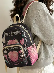1 piece of 'I'maKnotty' 2D printed ladies' backpack with yarn ball pattern, velvet texture + layered storage + lightweight and easy to carry|Perfect for students going to class/shopping/short trips|Combines atmosphere with practicality