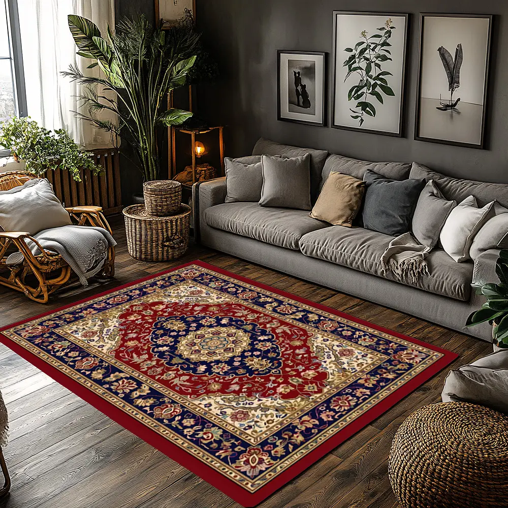 Red Navy Persian Floral Traditional Crystal Velvet Decorative Area Rug Non‑Slip Vintage Living Room Rug Floral Print Rug #PersianStyleRug #VintageHomeDecor #RedNavyFloralRug #OrientalPatternCarpet #CrystalVelvetRug