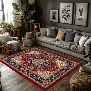 Red Navy Persian Floral Traditional Crystal Velvet Area Rug Non‑Slip Vintage Living Room Rug #PersianStyleRug #VintageHomeDecor #RedNavyFloralRug #OrientalPatternCarpet #CrystalVelvetRug