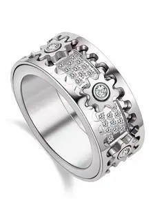 Anti-Anxiety Ring, Stress Relief Fidget Spinner Ring, Unisex Stainless Steel Rotating Gear, Diamond Accent, Meditation Aid