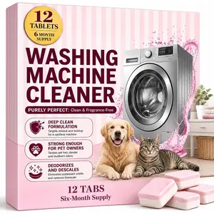 Washing Machine Cleaner Tablets -  Remover, Odor Eliminator & Descaler - Septic Safe, -Based Formula for HE, Front Load & Top Load Washers - 12 Tablets, 6 Month