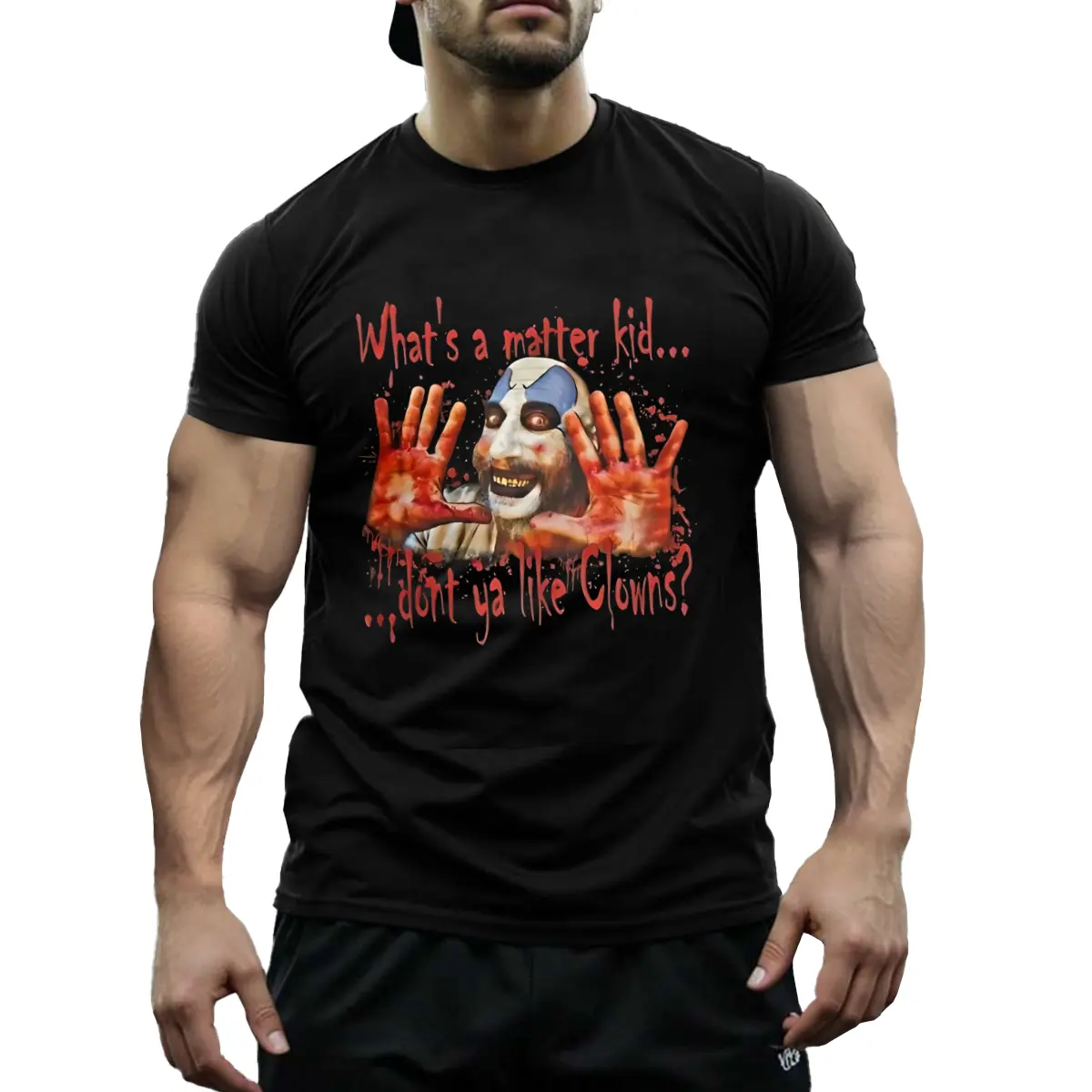 Men's Horror-Themed Cotton T-Shirt with Captain Spaulding Graphic - "What's A Matter Kid?" Black Casual Tee for Halloween & Horror Fans, Short Sleeve Round Neck Cotton Shirt for Adults, Spooky Event Clothing |   Edgy Casual Shirt |   Comfortable Fit